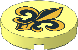 Tile  2 x  2 Round with Round Underside Stud with Black and Metallic Gold Fleur de Lis Pattern