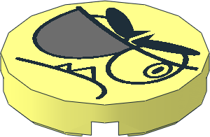 Tile  2 x  2 Round with Round Underside Stud with Black Stern Eyebrows and Closed Mouth with Two Sharp Teeth and Dark Bluish Grey Eyepatch Pattern