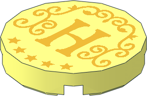 Tile  2 x  2 Round with Round Underside Stud with Gold H, 5 Stars and Ornamented Vine Pattern