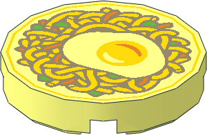 Tile  2 x  2 Round with Round Underside Stud with Sunny Side Up Egg, Noodles and Vegetables Pattern