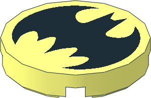 Tile  2 x  2 Round with Round Underside Stud with Black Batman Logo Pattern