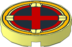 Tile  2 x  2 Round with Round Underside Stud with Red X-Men Logo in Bright Light Orange Circle Pattern