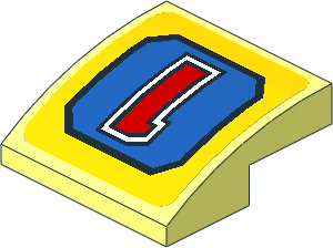 Slope Brick Curved  2 x  2 x  0.667 with Red Number '1' on Blue Panel on Yellow Background Sticker