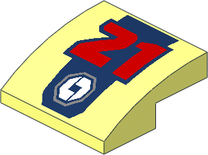 Slope Brick Curved  2 x  2 x  0.667 with Red Number '21' and White Logo on Dark Blue Stripe Pattern