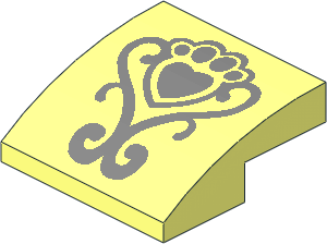 Slope Brick Curved  2 x  2 x  0.667 with Metallic Silver Fancy Scroll and Heart Shaped Paw Pattern