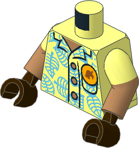 Minifig Torso with Dual Mould Arms and Hands with Hawaiian Shirt with Medium Azure Leaves, Medium Nougat Buttons and Bright Light Orange Pin Pattern