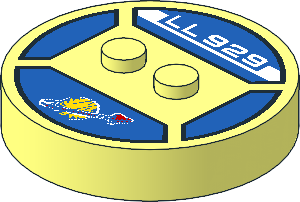 Brick  4 x  4 x  0.667 Round with RFID Tag and  2 Studs with White "LL 929" and Faded Classic Space Logo Pattern