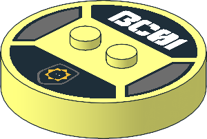 Brick  4 x  4 x  0.667 Round with RFID Tag and  2 Studs with White "BC01" and Badge with Minifig Head Pattern