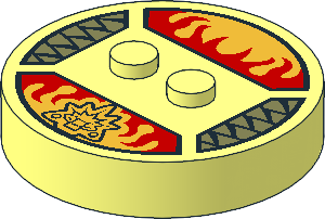 Brick  4 x  4 x  0.667 Round with RFID Tag and  2 Studs with Golden Crocodile Head and Red Flames Pattern