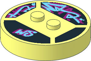 ~Brick  4 x  4 x  0.667 Round - Top with  2 Studs with Medium Azure and Magenta "WS" Pattern