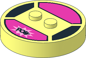 ~Brick  4 x  4 x  0.667 Round - Top with  2 Studs with Dark Pink Panel and "POW" Pattern
