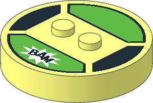 ~Brick  4 x  4 x  0.667 Round - Top with  2 Studs with Bright Green Panel and "BAM" Pattern
