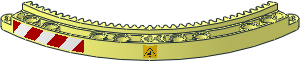 Technic Gear Ring Quarter 11 x 11 with 35 Teeth with Crushing Hazard Danger Sign on Yellow Background and Red and White Danger Stripes Leaning Left Stickers