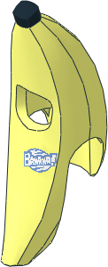 Minifig Headdress Banana with Black Ends and White "BANANA" on Medium Blue Patch Pattern
