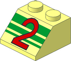 Slope Brick 45  2 x  2 with Red "2" and Green Stripes Pattern