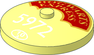 Dish  4 x  4 Inverted with Metallic Gold "HOGWARTS EXPRESS" on Red Background and Large White "5972" and "10 A" in Circle Pattern