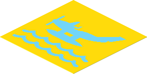 Sticker  1.9 x  1.9 with Medium Azure Seaplane and Waves on Yellow Background, Heading Left
