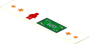 Sticker  0.7 x  3.7 with Orange Stars, Red Minifigure and "100" Money on White Background