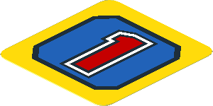 Sticker  1.9 x  1.8 with Red Number '1' on Blue Panel on Yellow Background