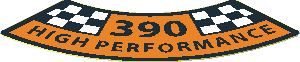 Sticker  1.8 x  1.8 Quarter Ring with Orange and Black "390 High PERFORMANCE" Logo between Checkered Flag Fields