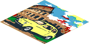 Sticker  5.8 x  5.8 with Bright Light Yellow FIAT 500 and Colosseum Painting