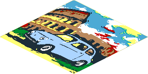 Sticker  5.8 x  5.8 with Bright Light Blue FIAT 500 and Colosseum Painting
