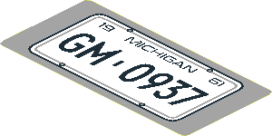 Sticker  1.9 x  3.9 with White License Plate and Black "19 MICHIGAN 61" and "GM - 0937" on Light Bluish Grey Background