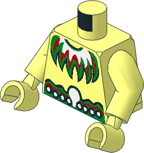 Minifig Torso with Arms and Hands with Red, Green and White Feather Necklace and Red, Green Belt with White Dots and Black Outline Pattern