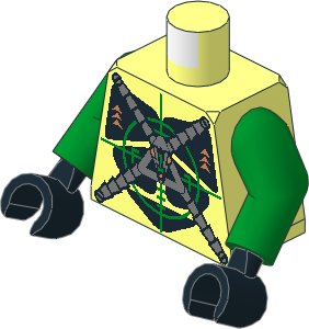 Minifig Torso with Arms and Hands with Insectoids with Silver X on Green Verniers Pattern