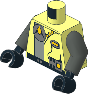 Minifig Torso with Arms and Hands with Space Exploriens Logo and Radio, Light Grey Stripe, Yellow Buttons, Black Belt Pattern