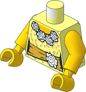 Minifig Torso with Arms and Hands with Female Blouse with Lavender Dots and White Flowers Collar, Gold Sash with Flower and Bow, Yellow Neck Pattern