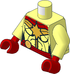 Minifig Torso with Arms and Hands with Female Gold Star and Zipper and Red Tied Sash and Muscles Outline Pattern