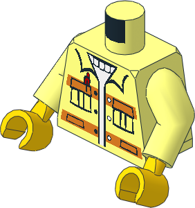 Minifig Torso with Arms and Hands with Jacket with Pockets & Pen over Sweater, Orange Stripes Pattern