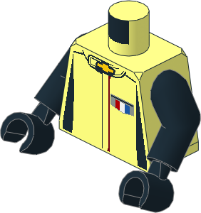 Minifig Torso with Arms and Hands with Race Suit with Chevrolet Camaro Logos and Black Stripes Pattern