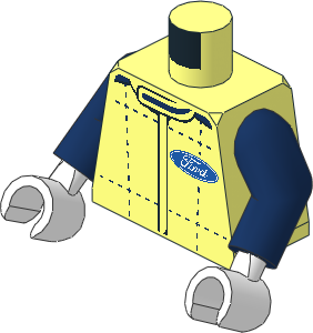 Minifig Torso with Arms and Hands with Race Suit with Ford Logo, Dark Blue Crosses and Dots and Black Stripes Pattern