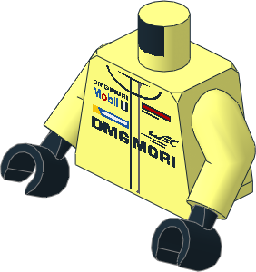 Minifig Torso with Arms and Hands with Race Suit with Porsche Logos, Black and Grey Stripes Pattern
