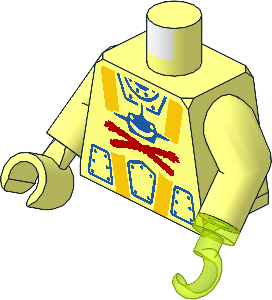 Minifig Torso with Arms, Right Hand and Trans Neon Green Left Hook Hand with Aquashark Blue Shark with Red 'X' Pattern