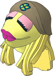 Minifig Head Muppet Janice with Dark Tan Hat and Bright Light Yellow Hair Pattern