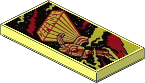 Tile  2 x  4 with Yellow and Red "DEFENDER", Figure with Stripes, Smoke and Fire Pattern