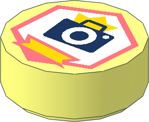 Tile  1 x  1 Round with Dark Blue Camera and Yellow Ribbon in Coral Hexagon Pattern