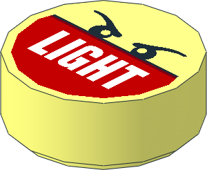 Tile  1 x  1 Round with White 'LIGHT' on Red Half and Angry Eyes Pattern