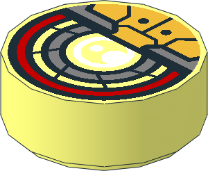 Tile  1 x  1 Round with White, Metallic Silver and Metallic Gold Robotic Eye with Red Outside Circle Pattern