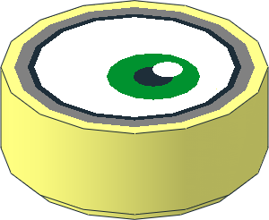 Tile  1 x  1 Round with Metallic Silver Goggles Outline and Off-Centred Green Eye Pattern