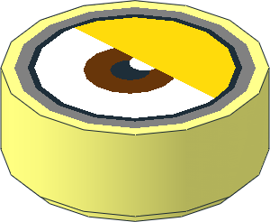 Tile  1 x  1 Round with Metallic Silver Goggles Outline and Centred Reddish Brown Eye with Yellow Straight Eyelid Pattern