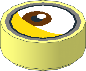 Tile  1 x  1 Round with Metallic Silver Goggles Outline and Off-Centred Reddish Brown Eye and Yellow Arched Eyelid Pattern