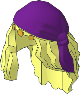 Minifig Hair Female Mid-Length with Part over Front of Right Shoulder with Purple Bandana and 3 Gold Coins Pattern