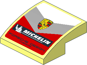 Slope Brick Curved  2 x  2 x  0.667 with Logos and Grey and Red Stripes on White Background Sticker