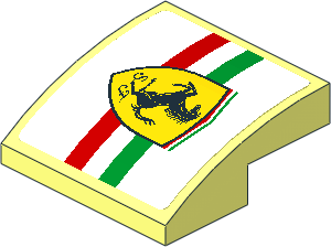 Slope Brick Curved  2 x  2 x  0.667 with Ferrari Rounded Badge on Tricolor Stripe on White Background Left Sticker