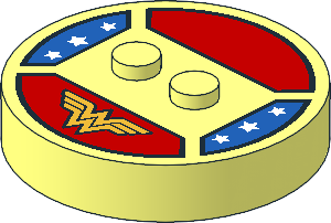Brick  4 x  4 x  0.667 Round with RFID Tag and  2 Studs with White Stars and Wonder Woman Logo Pattern