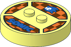 Brick  4 x  4 x  0.667 Round with RFID Tag and  2 Studs with Blue Sonic Head, Blue "SONIC" and Checkered Background Pattern